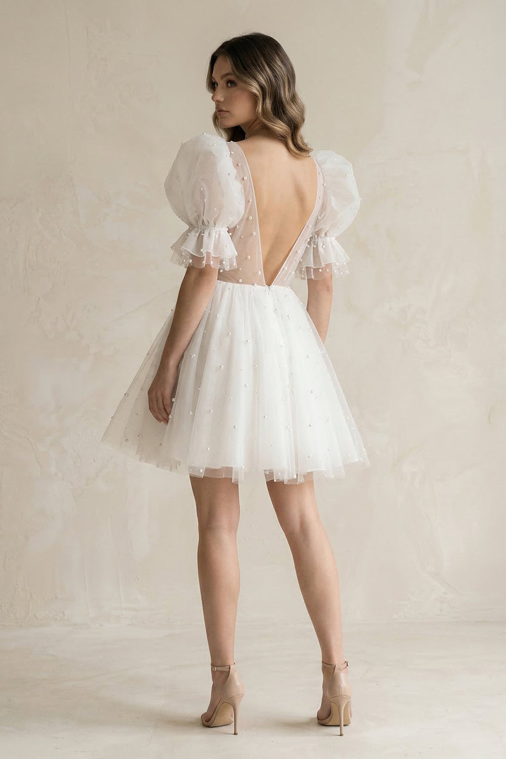 V - Neck A - Line Tulle Mini Wedding Dress With Pearl in Ivory - KISS BRIDAL Wedding Dresses