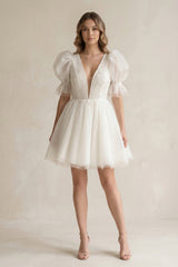 V - Neck A - Line Tulle Mini Wedding Dress With Pearl in Ivory - KISS BRIDAL Wedding Dresses