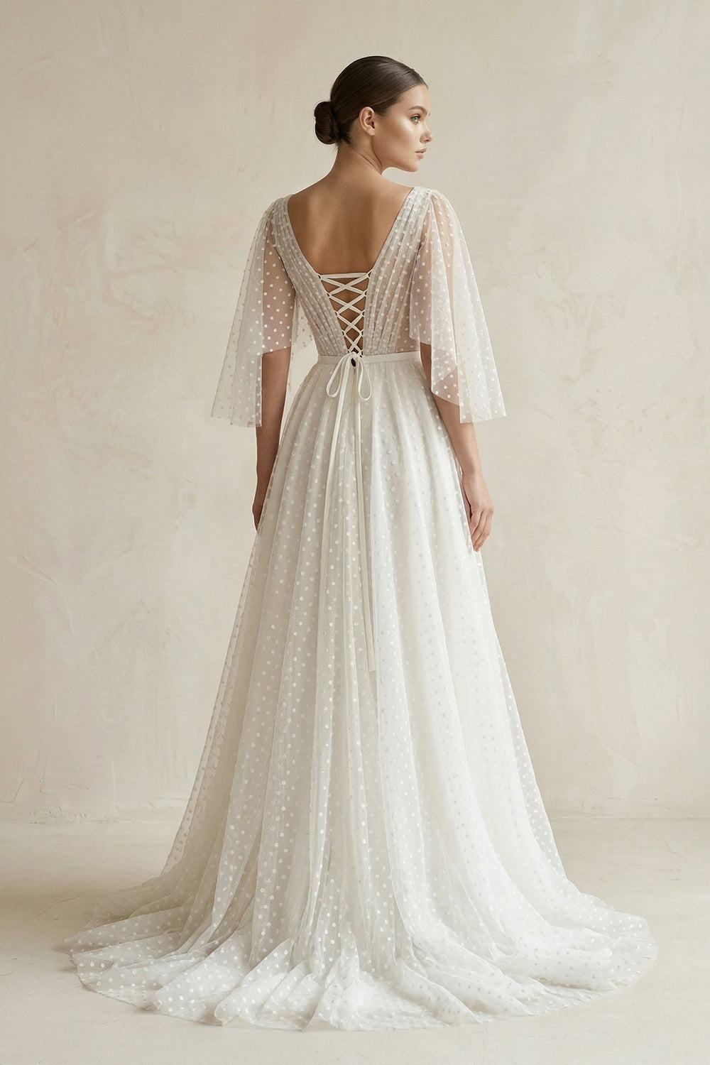 V Neck A - Line Tulle Ruched Wedding Dress With Polka Dot in White - KISS BRIDAL Wedding Dresses
