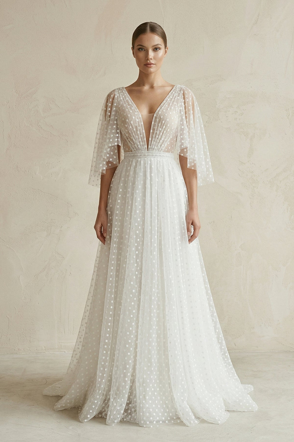 V Neck A - Line Tulle Ruched Wedding Dress With Polka Dot in White - KISS BRIDAL Wedding Dresses