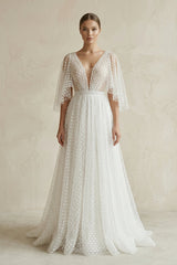 V Neck A - Line Tulle Ruched Wedding Dress With Polka Dot in White - KISS BRIDAL Wedding Dresses