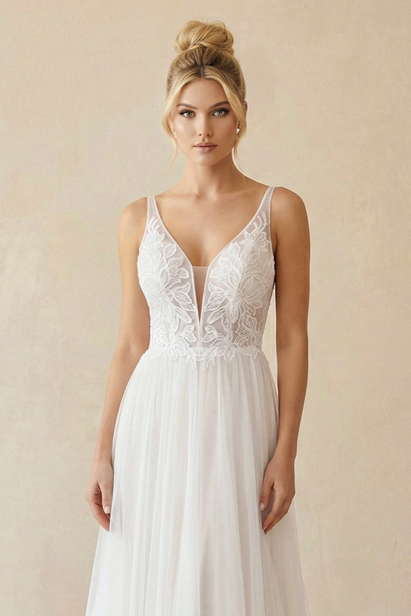 V Neck A Line Tulle Wedding Dress With Appliques - SHE IS ME Wedding Dresses