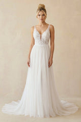 V Neck A Line Tulle Wedding Dress With Appliques - KISS BRIDAL Wedding Dresses