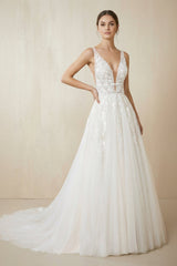 V Neck A Line Tulle Wedding Dress With Appliques in White - KISS BRIDAL Wedding Dresses