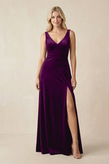 V - Neck A - Line Velvet Bridesmaid Dress in Amethyst - KISS BRIDAL Bridesmaid Dresses