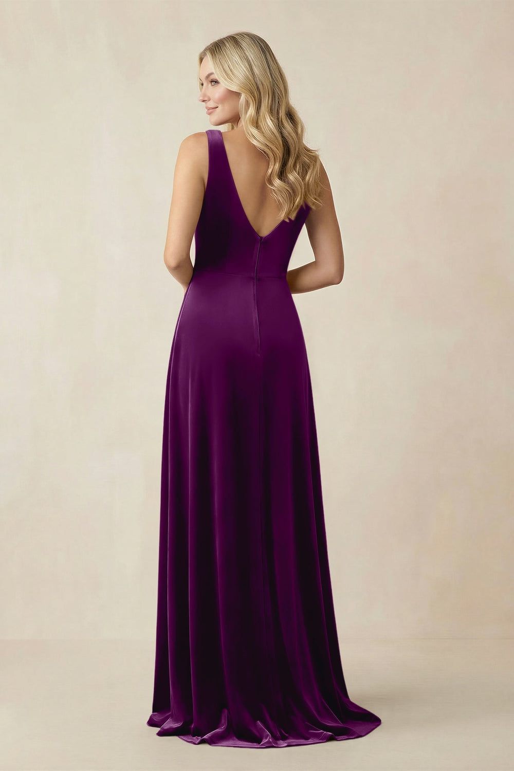 V - Neck A - Line Velvet Bridesmaid Dress in Amethyst - KISS BRIDAL Bridesmaid Dresses