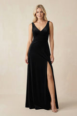 V - Neck A - Line Velvet Bridesmaid Dress in Black - KISS BRIDAL Bridesmaid Dresses