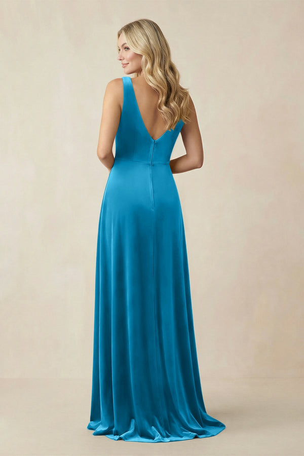 V - Neck A - Line Velvet Bridesmaid Dress in Blue Jay - KISS BRIDAL Bridesmaid Dresses