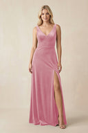V - Neck A - Line Velvet Bridesmaid Dress in Blush Pink - KISS BRIDAL Bridesmaid Dresses