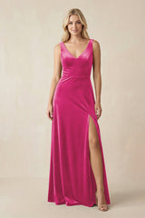 V - Neck A - Line Velvet Bridesmaid Dress in Bon Bon Pink - KISS BRIDAL Bridesmaid Dresses