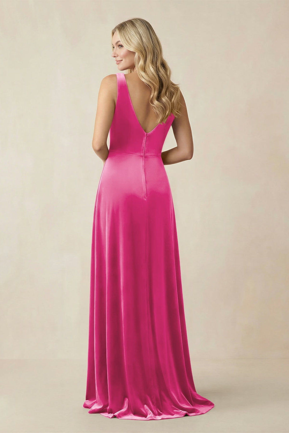 V - Neck A - Line Velvet Bridesmaid Dress in Bon Bon Pink - KISS BRIDAL Bridesmaid Dresses