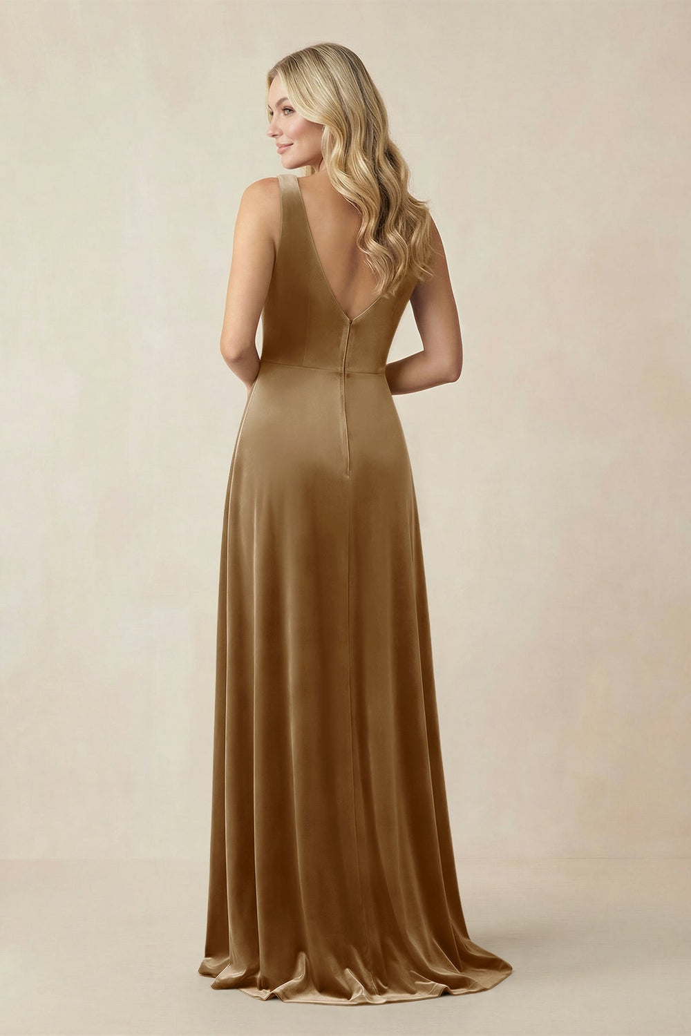 V - Neck A - Line Velvet Bridesmaid Dress in Bronzer - KISS BRIDAL Bridesmaid Dresses