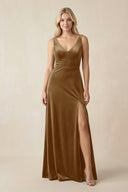 V - Neck A - Line Velvet Bridesmaid Dress in Bronzer - KISS BRIDAL Bridesmaid Dresses
