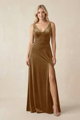 V - Neck A - Line Velvet Bridesmaid Dress in Bronzer - KISS BRIDAL Bridesmaid Dresses
