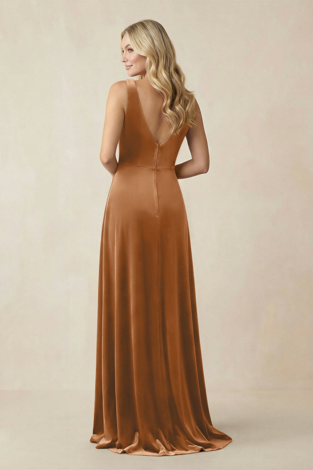 V - Neck A - Line Velvet Bridesmaid Dress in Brown - KISS BRIDAL Bridesmaid Dresses