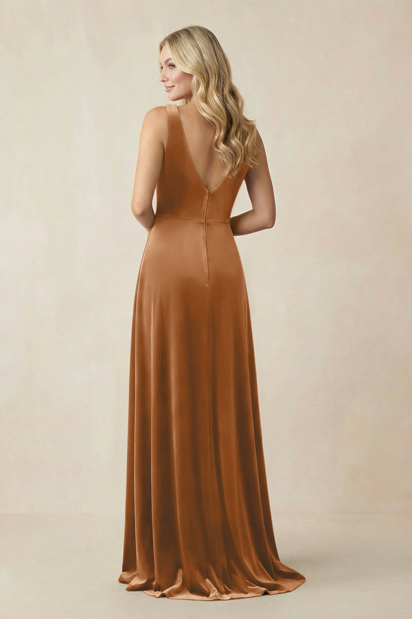 V - Neck A - Line Velvet Bridesmaid Dress in Brown - KISS BRIDAL Bridesmaid Dresses