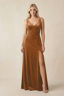 V - Neck A - Line Velvet Bridesmaid Dress in Brown - KISS BRIDAL Bridesmaid Dresses