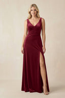V - Neck A - Line Velvet Bridesmaid Dress in Burgundy - KISS BRIDAL Bridesmaid Dresses