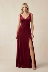 V - Neck A - Line Velvet Bridesmaid Dress in Burgundy - KISS BRIDAL Bridesmaid Dresses