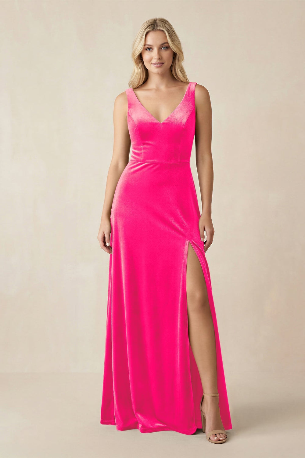 V - Neck A - Line Velvet Bridesmaid Dress in Candy Pink - KISS BRIDAL Bridesmaid Dresses