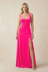 V - Neck A - Line Velvet Bridesmaid Dress in Candy Pink - KISS BRIDAL Bridesmaid Dresses