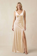 V - Neck A - Line Velvet Bridesmaid Dress in Champagne - KISS BRIDAL Bridesmaid Dresses