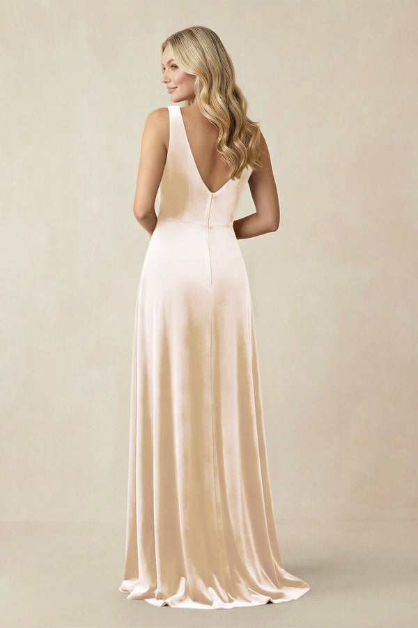 V - Neck A - Line Velvet Bridesmaid Dress in Champagne - KISS BRIDAL Bridesmaid Dresses