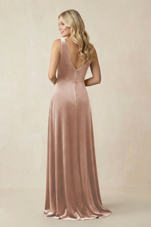 V - Neck A - Line Velvet Bridesmaid Dress in Champagne Rose - KISS BRIDAL Bridesmaid Dresses