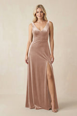 V - Neck A - Line Velvet Bridesmaid Dress in Champagne Rose - KISS BRIDAL Bridesmaid Dresses