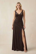 V - Neck A - Line Velvet Bridesmaid Dress in Chocolate - KISS BRIDAL Bridesmaid Dresses