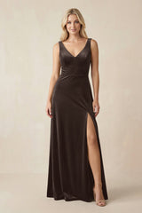 V - Neck A - Line Velvet Bridesmaid Dress in Chocolate - KISS BRIDAL Bridesmaid Dresses