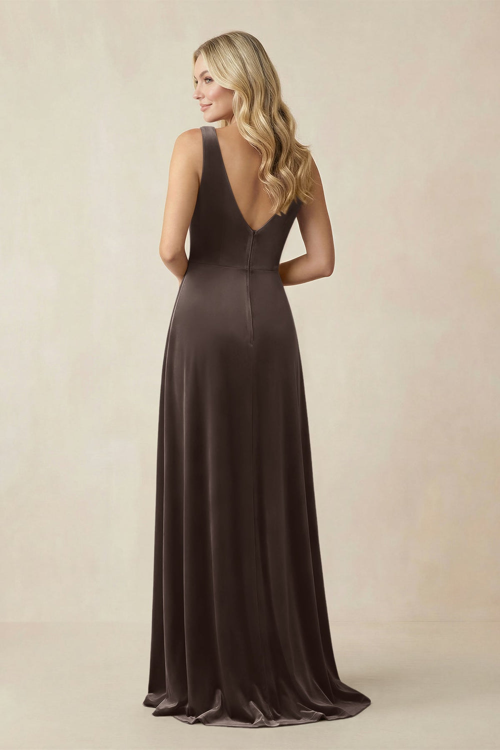 V - Neck A - Line Velvet Bridesmaid Dress in Chocolate - KISS BRIDAL Bridesmaid Dresses