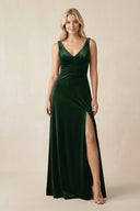 V - Neck A - Line Velvet Bridesmaid Dress in Dark Green - KISS BRIDAL Bridesmaid Dresses