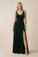 V - Neck A - Line Velvet Bridesmaid Dress in Dark Green - KISS BRIDAL Bridesmaid Dresses