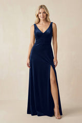 V - Neck A - Line Velvet Bridesmaid Dress in Dark Navy - KISS BRIDAL Bridesmaid Dresses