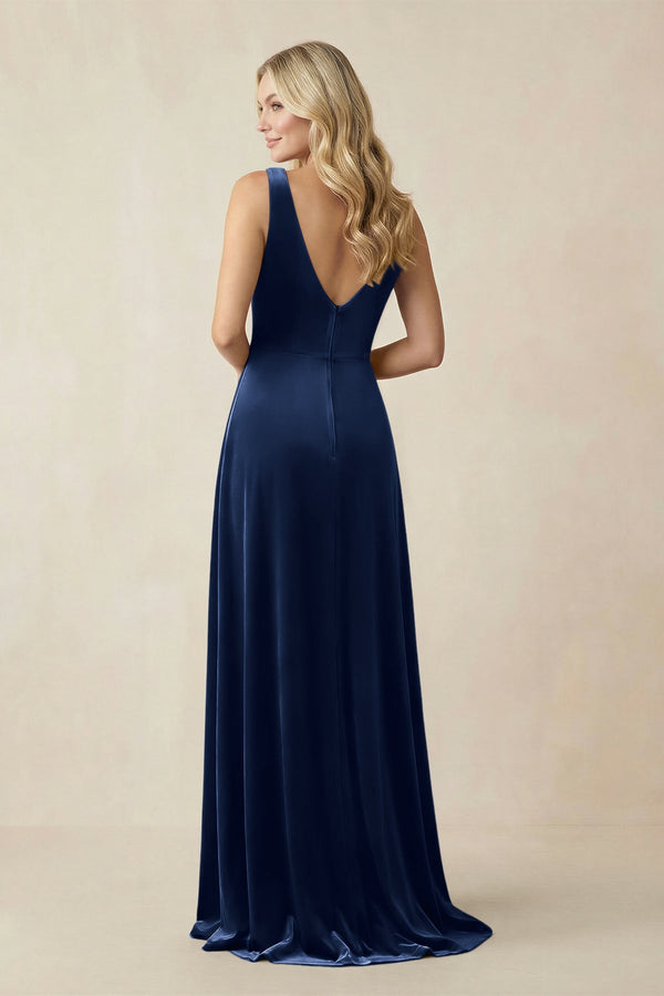 V - Neck A - Line Velvet Bridesmaid Dress in Dark Navy - KISS BRIDAL Bridesmaid Dresses