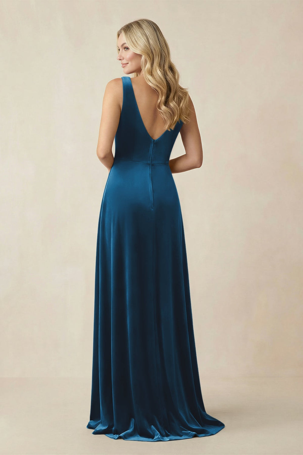 V - Neck A - Line Velvet Bridesmaid Dress in Dark Teal - KISS BRIDAL Bridesmaid Dresses
