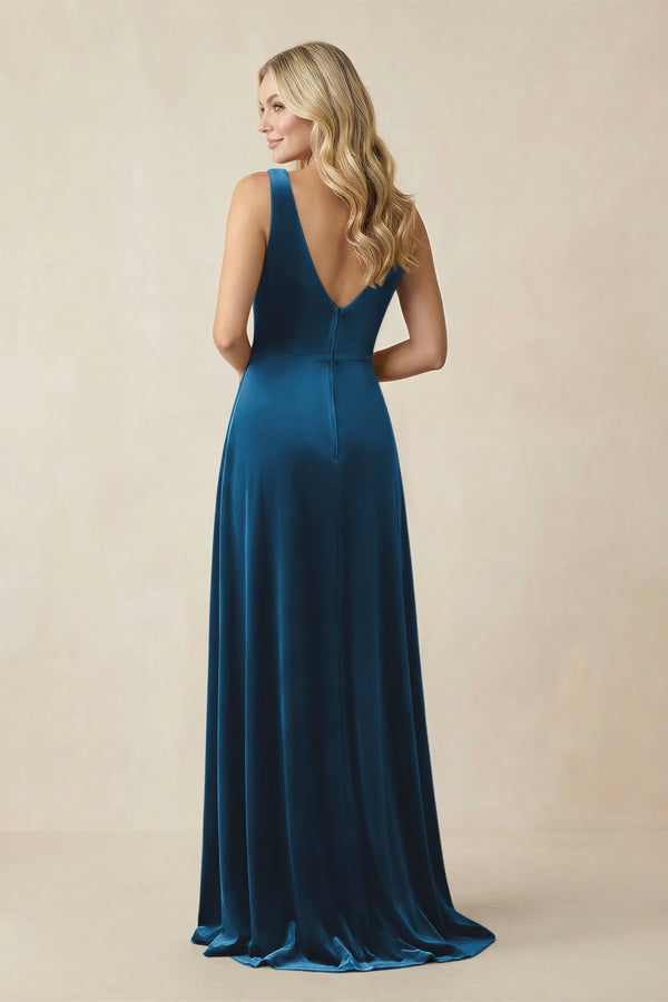 V - Neck A - Line Velvet Bridesmaid Dress in Dark Teal - KISS BRIDAL Bridesmaid Dresses