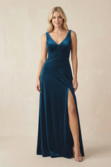 V - Neck A - Line Velvet Bridesmaid Dress in Dark Teal - KISS BRIDAL Bridesmaid Dresses