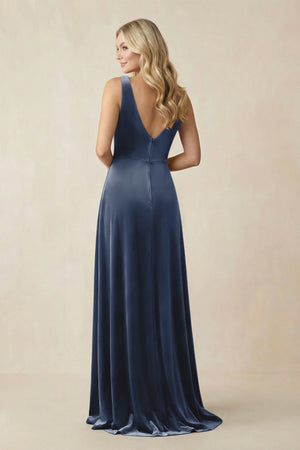 V - Neck A - Line Velvet Bridesmaid Dress in Dusk Blue - KISS BRIDAL Bridesmaid Dresses