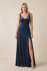 V - Neck A - Line Velvet Bridesmaid Dress in Dusk Blue - KISS BRIDAL Bridesmaid Dresses