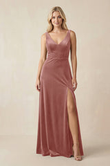 V - Neck A - Line Velvet Bridesmaid Dress in Dusty Rose - KISS BRIDAL Bridesmaid Dresses