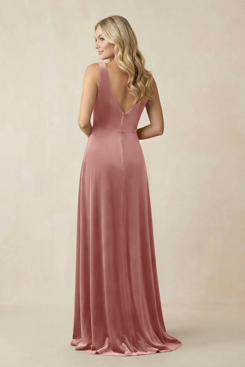 V - Neck A - Line Velvet Bridesmaid Dress in Dusty Rose - KISS BRIDAL Bridesmaid Dresses