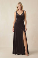 V - Neck A - Line Velvet Bridesmaid Dress in Espresso - KISS BRIDAL Bridesmaid Dresses
