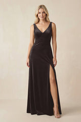V - Neck A - Line Velvet Bridesmaid Dress in Espresso - KISS BRIDAL Bridesmaid Dresses