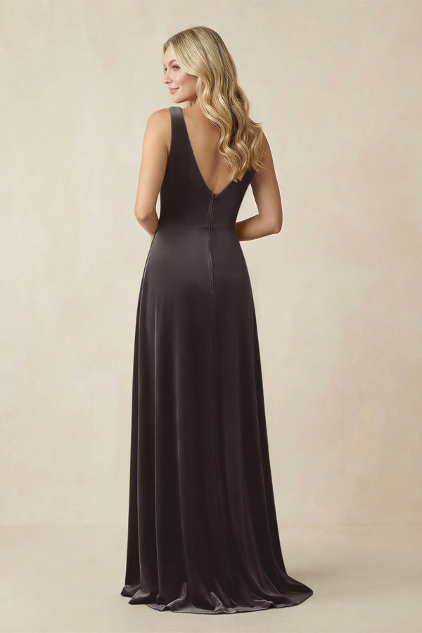 V - Neck A - Line Velvet Bridesmaid Dress in Espresso - KISS BRIDAL Bridesmaid Dresses