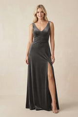 V - Neck A - Line Velvet Bridesmaid Dress in Frost - KISS BRIDAL Bridesmaid Dresses