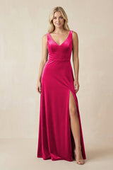 V - Neck A - Line Velvet Bridesmaid Dress in Fuchsia - KISS BRIDAL Bridesmaid Dresses