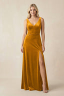 V - Neck A - Line Velvet Bridesmaid Dress in Gold - KISS BRIDAL Bridesmaid Dresses