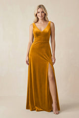 V - Neck A - Line Velvet Bridesmaid Dress in Gold - KISS BRIDAL Bridesmaid Dresses
